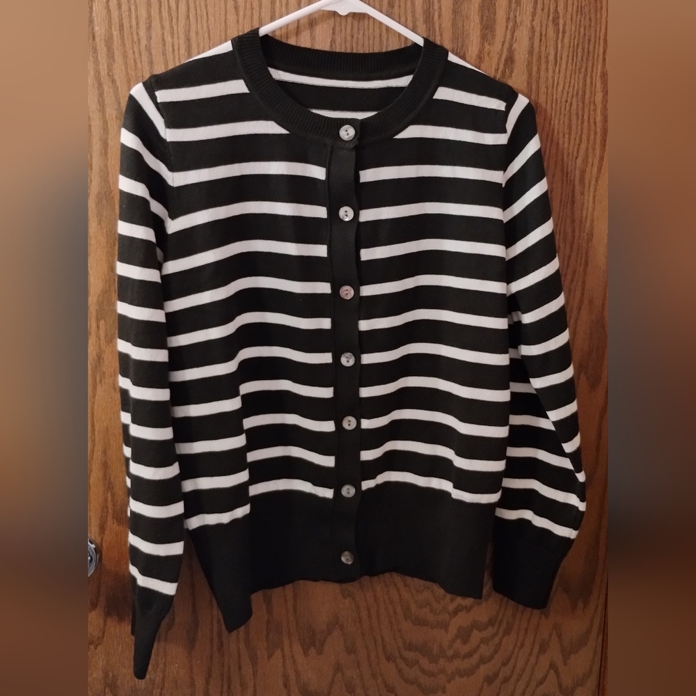 Black And White Striped Button-up Cardigan